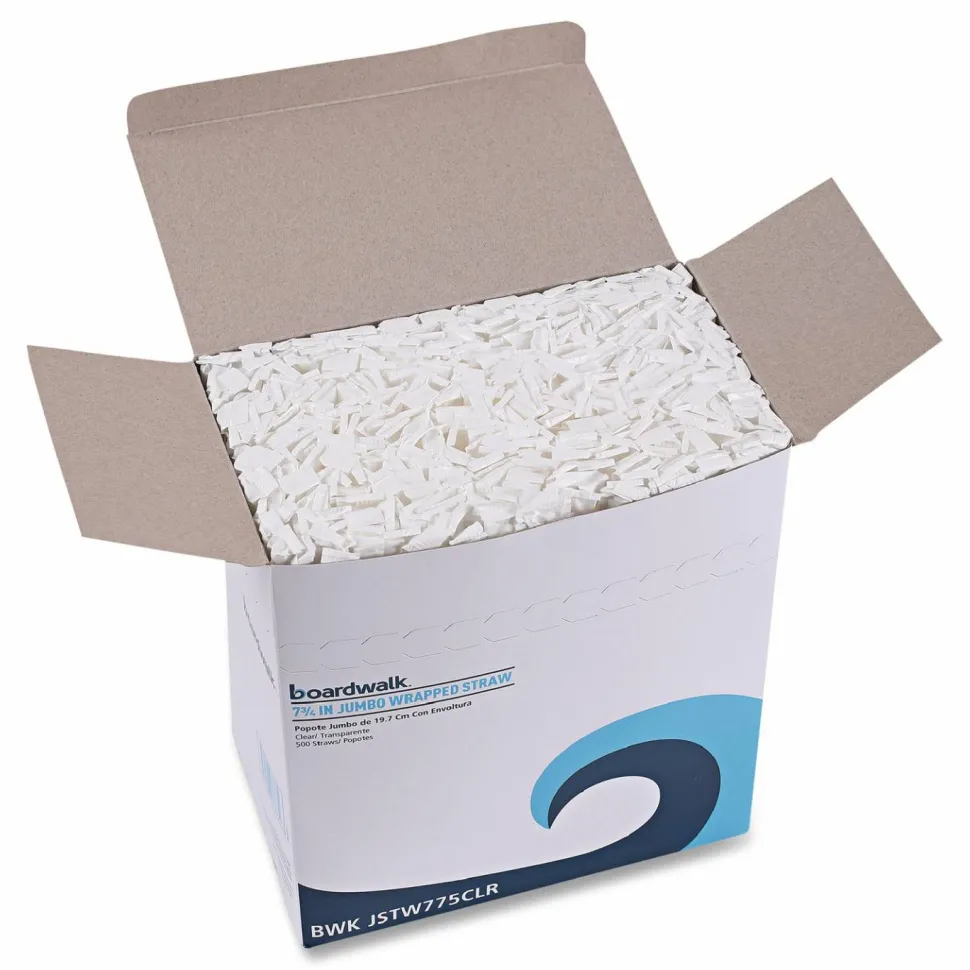 Boardwalk Wrapped Jumbo Straws, 7.75", Polypropylene, Clear, 500/Pack, 24 Packs/Carton