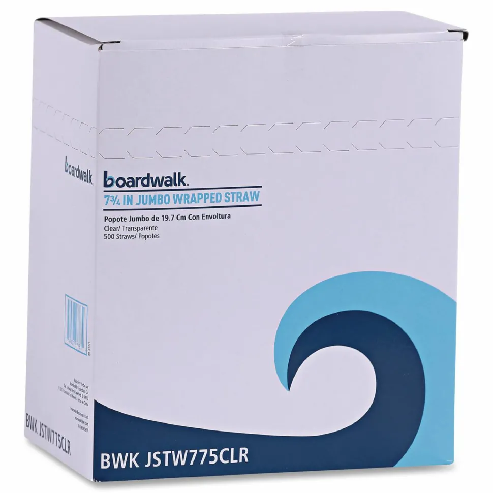 Boardwalk Wrapped Jumbo Straws, 7.75", Polypropylene, Clear, 500/Pack, 24 Packs/Carton