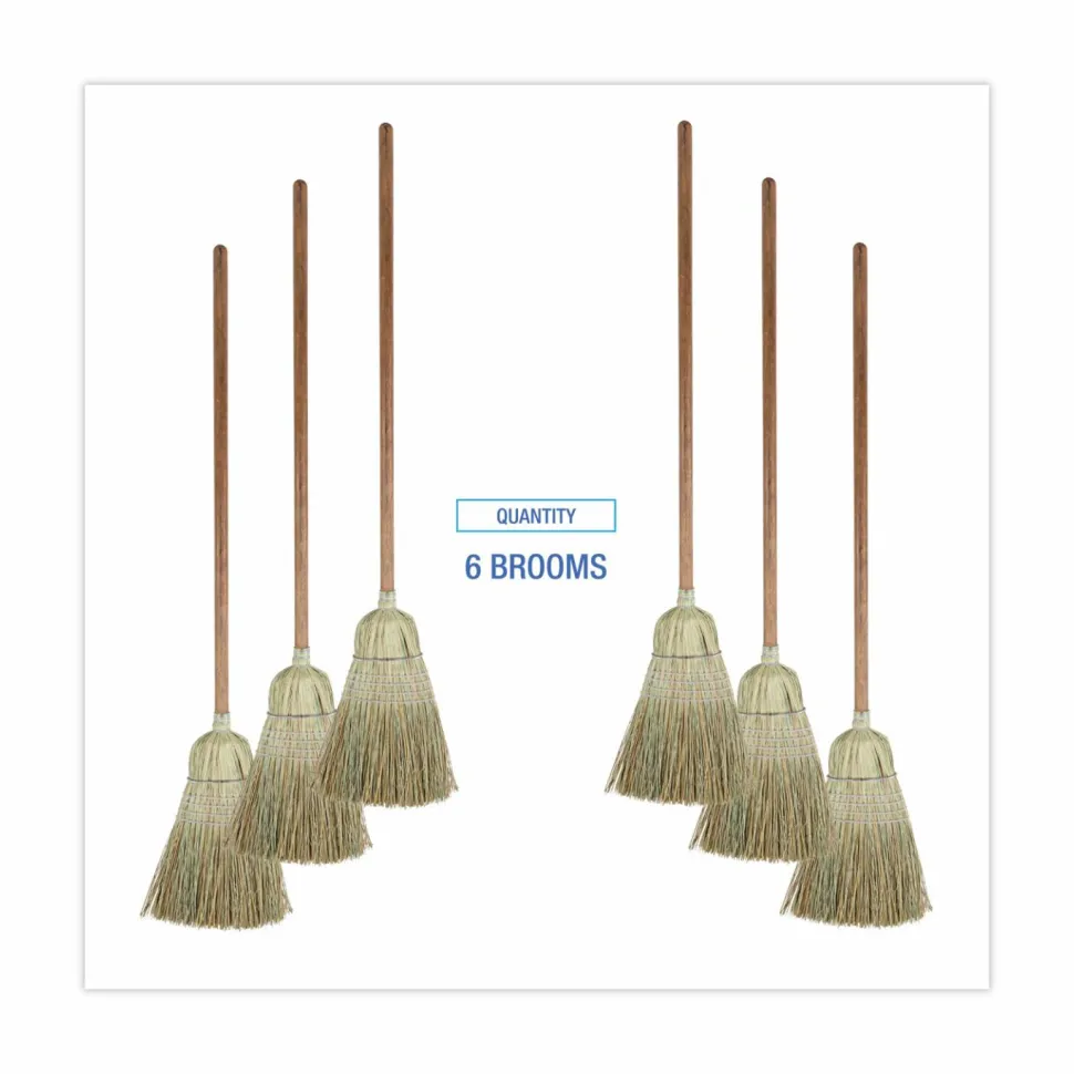 Boardwalk Corn/Fiber Brooms, Corn/Synthetic Fiber Bristles, 60" Overall Length, Gray/Natural, 6/Carton