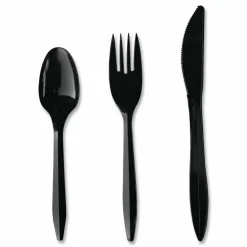 Boardwalk Four-Piece Cutlery Kit, Mediumweight, Fork/Knife/Napkin/Spoon, Plastic, 6.38", Black, 250/Carton