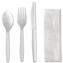 Boardwalk Four-Piece Polystyrene Cutlery Kit, Mediumweight, Fork/Knife/Napkin/Spoon, Plastic, White, 250/Carton