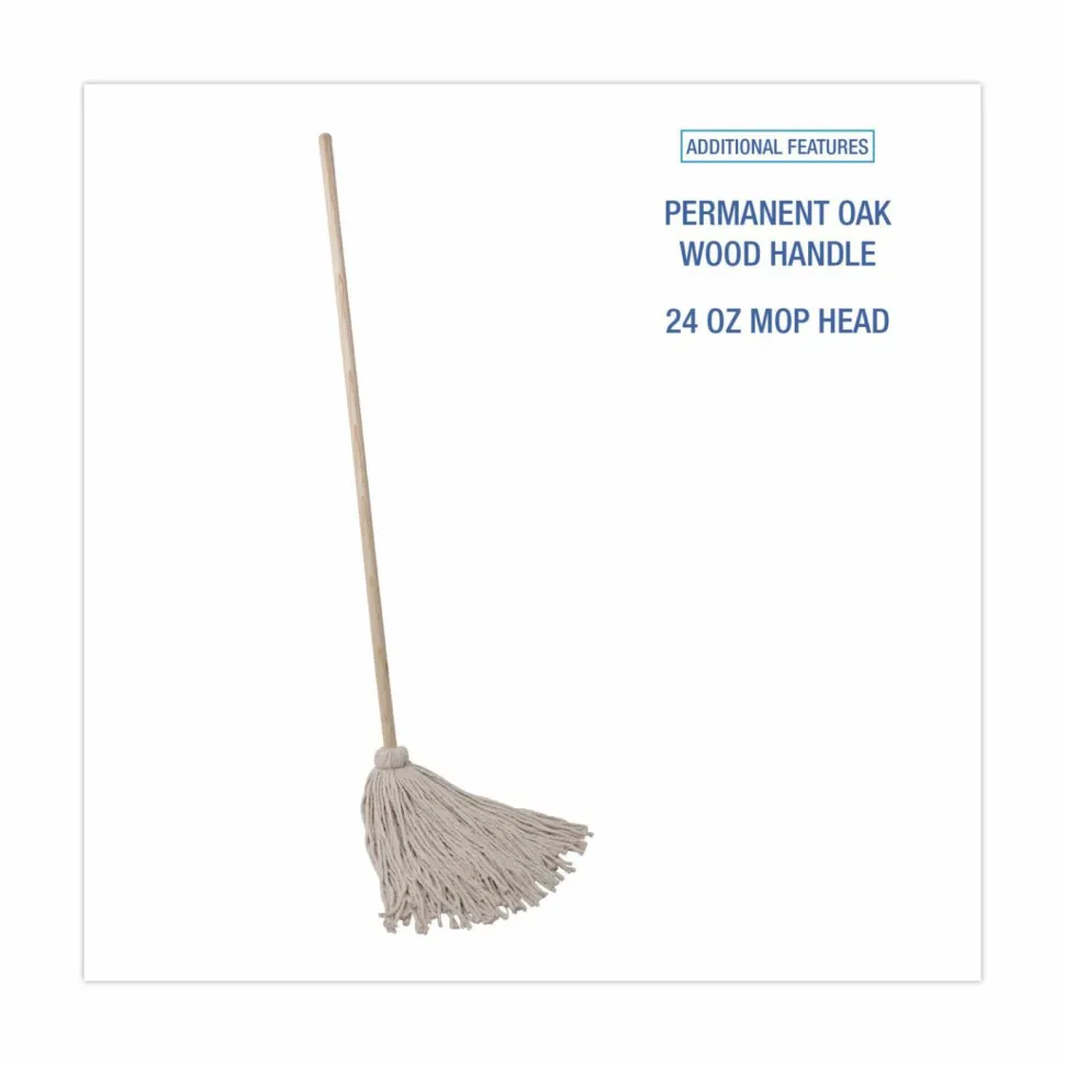 Boardwalk Handle/Deck Mops, #24 White Cotton Head, 54" Natural Wood Handle, 6/Pack