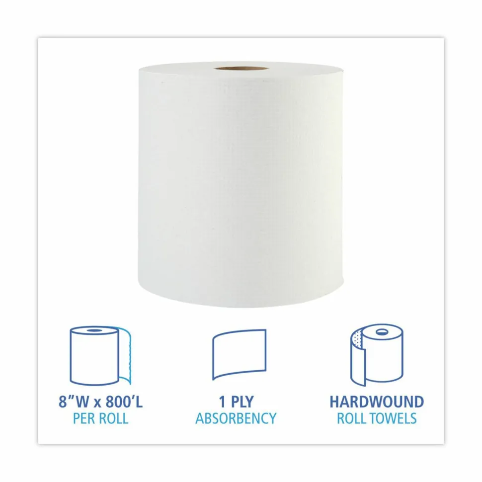 Boardwalk Hardwound Paper Towels, 1-Ply, 8" x 800 ft, White, 6 Rolls/Carton