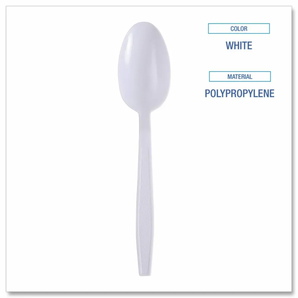 Boardwalk Heavyweight Wrapped Polypropylene Cutlery, Spoon, Plastic, White, 1,000/Carton