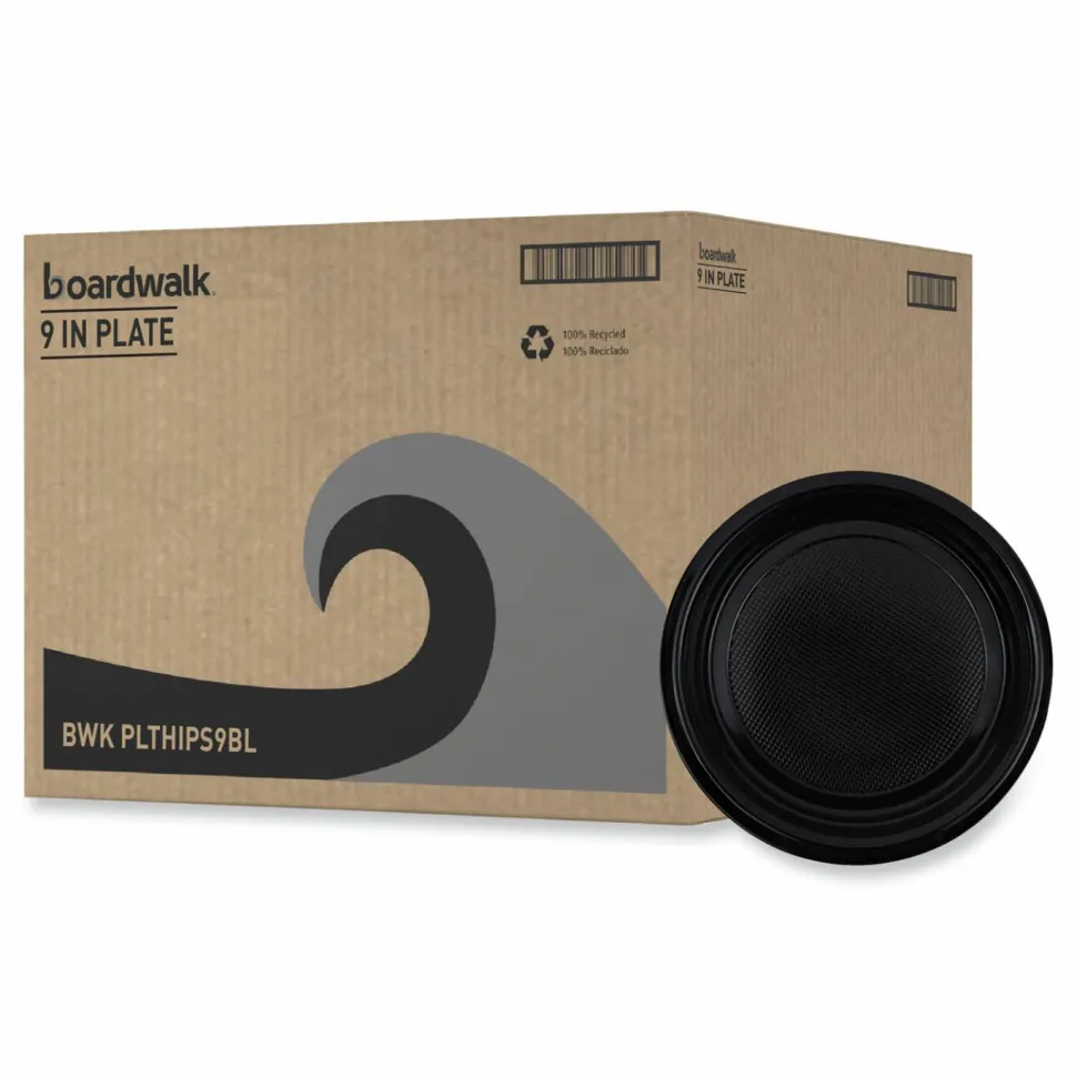 Boardwalk Hi-Impact Plastic Dinnerware, Plate, 9" dia, Black, 500/Carton