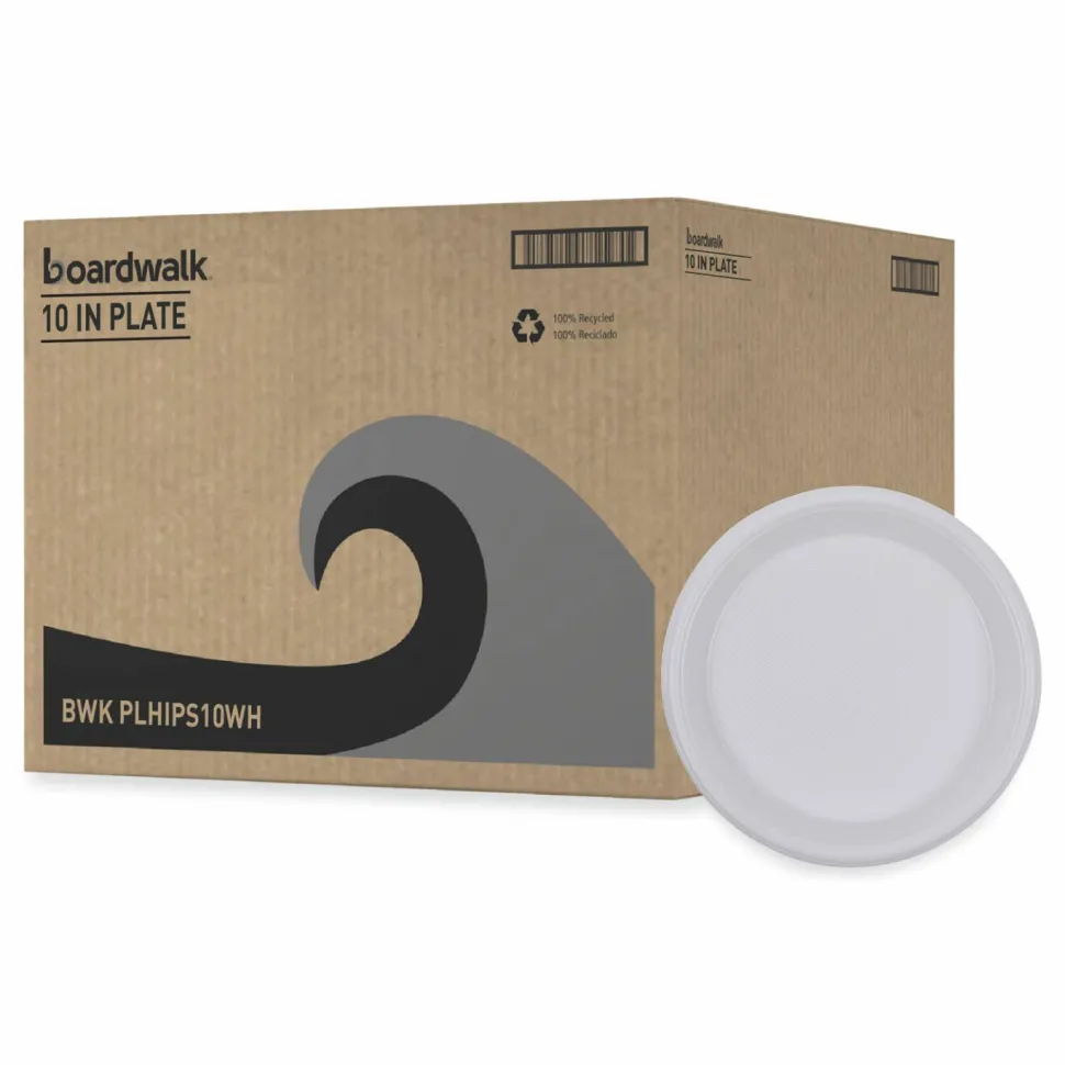 Boardwalk Hi-Impact Plastic Dinnerware, Plate, 10" dia, White, 500/Carton