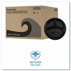 Boardwalk Hi-Impact Plastic Dinnerware, 3-Compartment Plate, 10" dia, Black, 125/Sleeve, 4 Sleeves/Carton