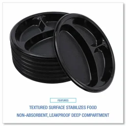 Boardwalk Hi-Impact Plastic Dinnerware, 3-Compartment Plate, 10" dia, Black, 125/Sleeve, 4 Sleeves/Carton