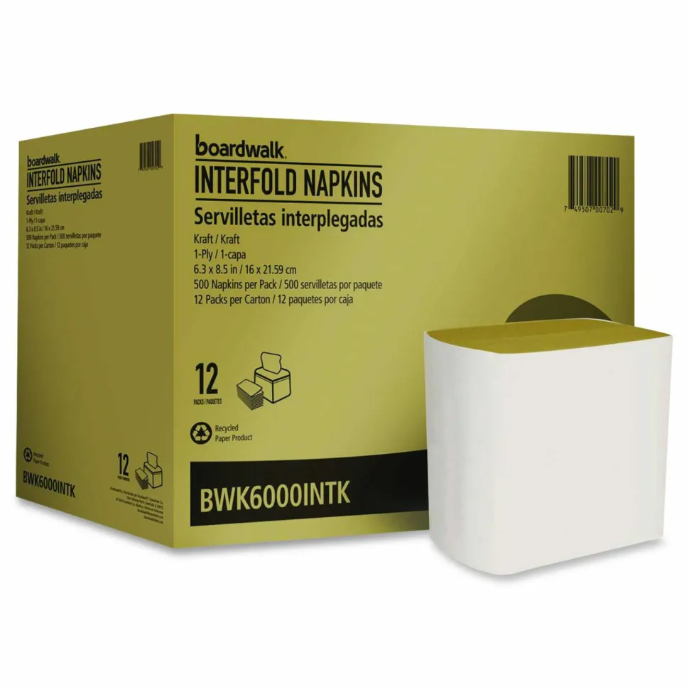 Boardwalk Interfold Napkins, 1-Ply, 8.8 x 6.3, Kraft, 500/Pack, 12 Packs/Carton