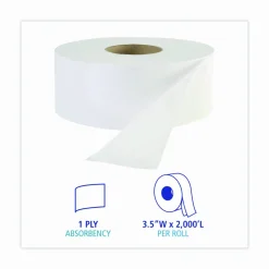 Boardwalk JRT Jr. Bath Tissue, Jumbo, Septic Safe, 1-Ply, 3.3" x 2,000 ft, White, 12 Rolls/Carton