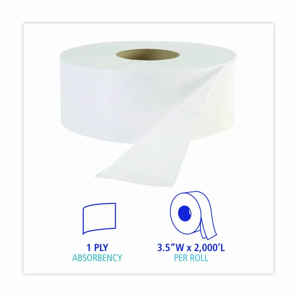 Boardwalk JRT Jr. Bath Tissue, Jumbo, Septic Safe, 1-Ply, 3.3" x 2,000 ft, White, 12 Rolls/Carton
