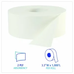 Boardwalk JRT Jumbo Roll Bathroom Tissue, Septic Safe, 2-Ply, 3.3