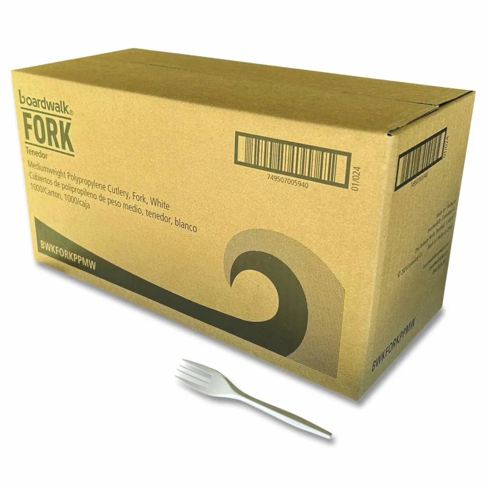 Boardwalk Mediumweight Polypropylene Cutlery, Fork, 5.51", Plastic, White, 1,000/Carton