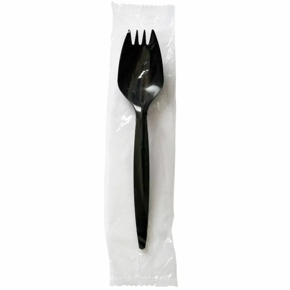 Boardwalk Mediumweight Wrapped Polypropylene Cutlery, Spork, Plastic, Black, 1,000/Carton