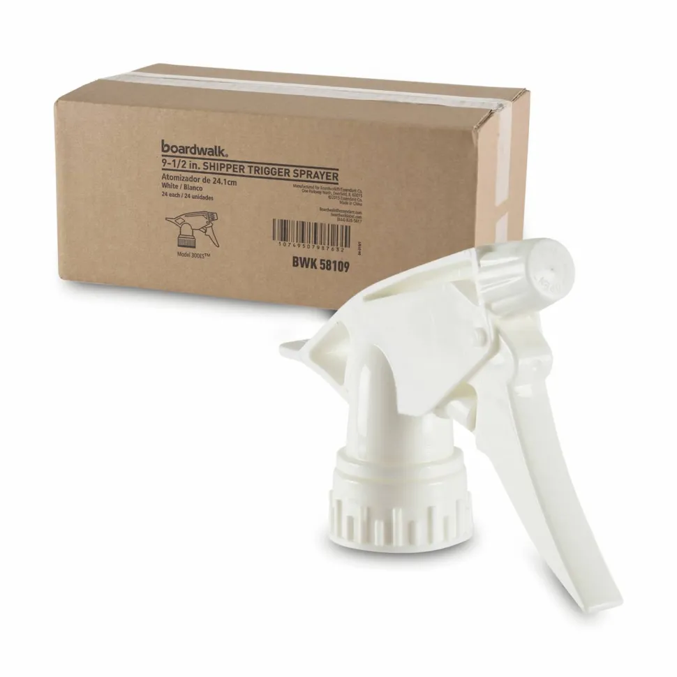 Boardwalk Non-Leaking Trigger Sprayer 300ES, 9.5" Tube, Fits 32 oz Bottles, White, 24/Carton