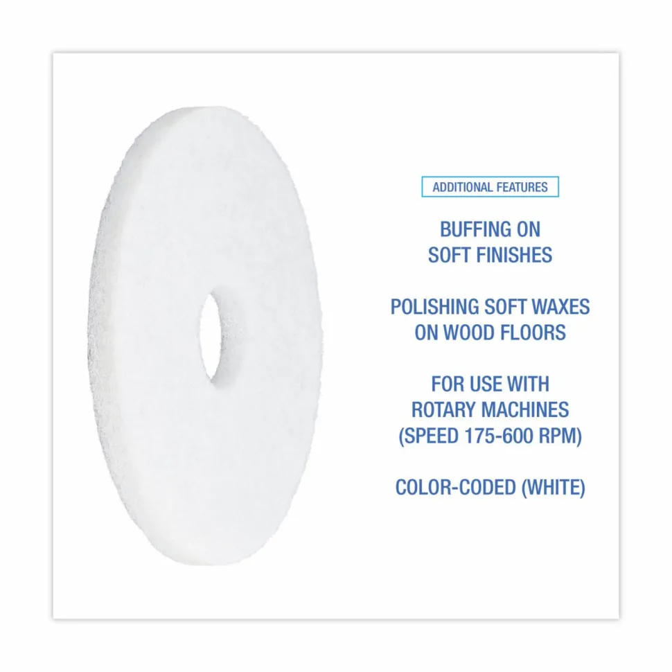 Boardwalk Polishing Floor Pads, 14" Diameter, White, 5/Carton