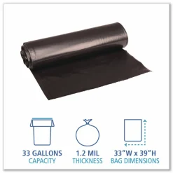 Boardwalk Recycled Low-Density Polyethylene Can Liners, 33 gal, 1.2 mil, 33" x 39", Black, Perforated, 10 Bags/Roll, 10 Rolls/Carton