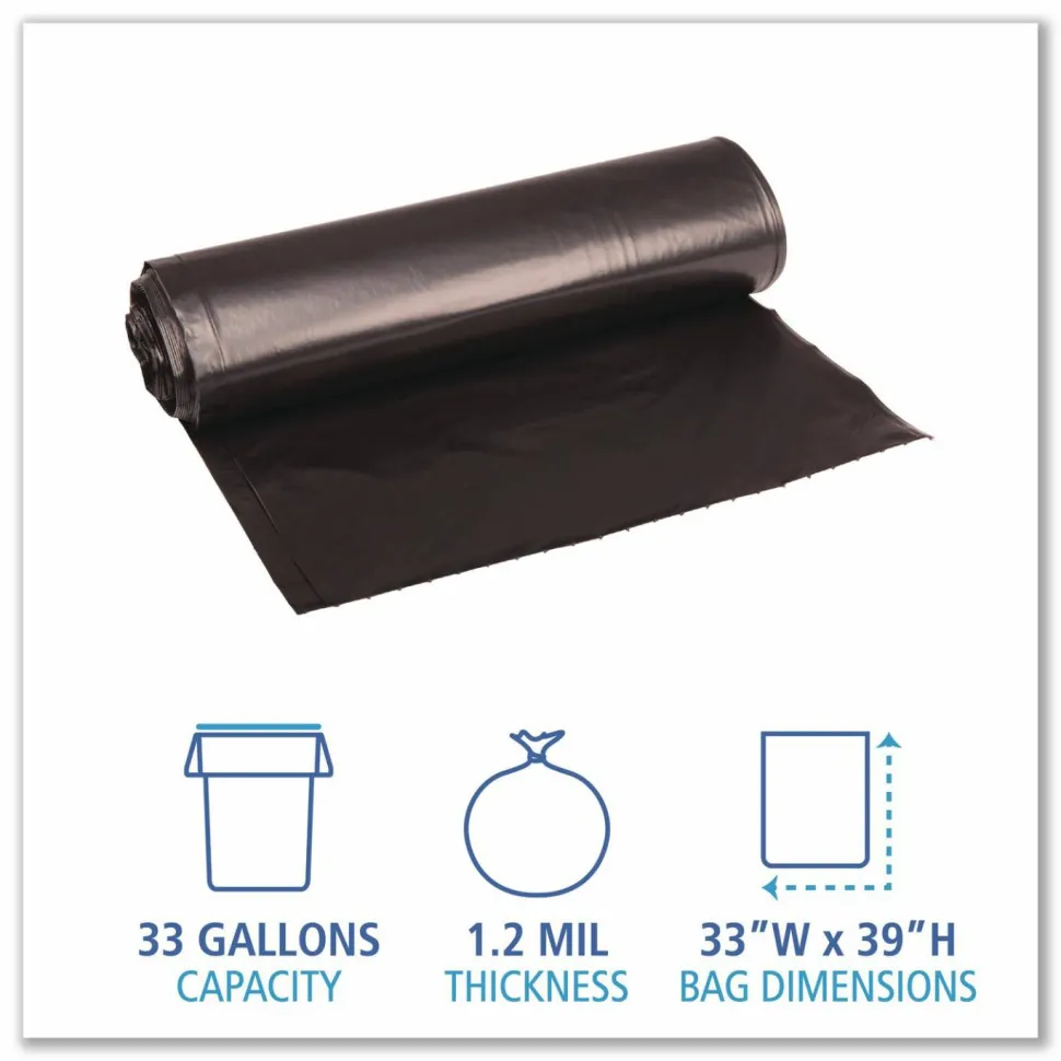 Boardwalk Recycled Low-Density Polyethylene Can Liners, 33 gal, 1.2 mil, 33" x 39", Black, Perforated, 10 Bags/Roll, 10 Rolls/Carton