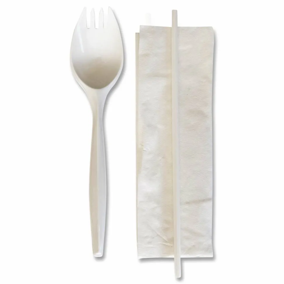 Boardwalk School Cutlery Kit, Mediumweight, Napkin/Spork/Straw, 5.31", Plastic, White, 1,000/Carton