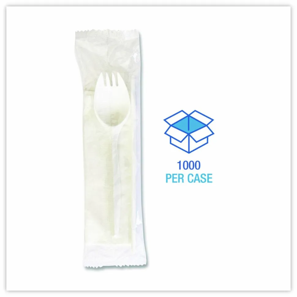 Boardwalk School Cutlery Kit, Mediumweight, Napkin/Spork/Straw, 5.31", Plastic, White, 1,000/Carton