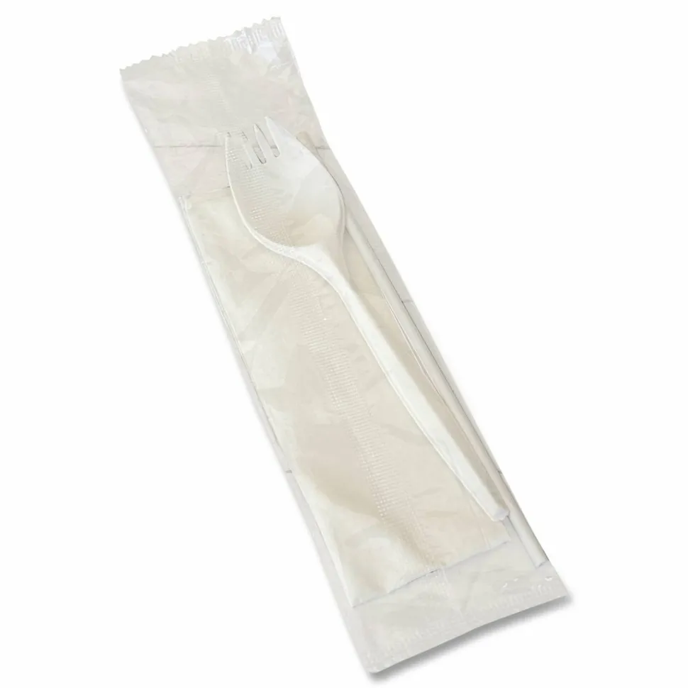 Boardwalk School Cutlery Kit, Mediumweight, Napkin/Spork/Straw, 5.31", Plastic, White, 1,000/Carton