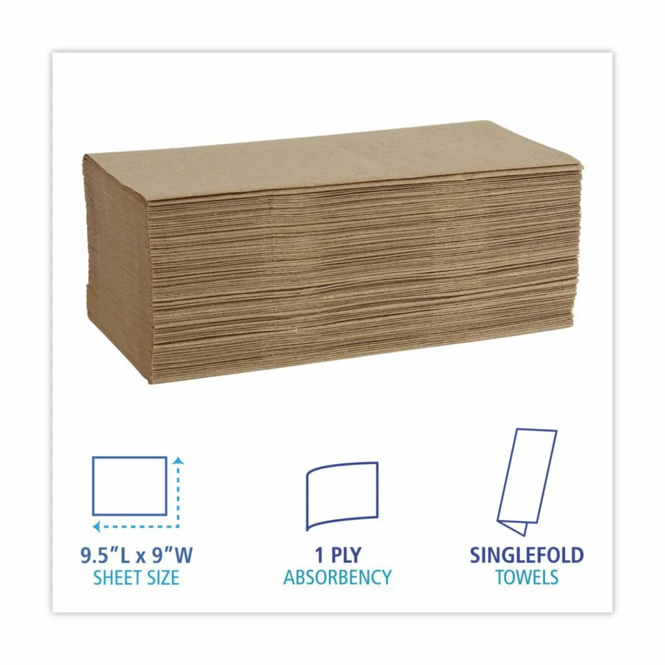 Boardwalk Singlefold Paper Towels, 1-Ply, 9 x 9.45, Natural, 250/Pack, 16 Packs/Carton