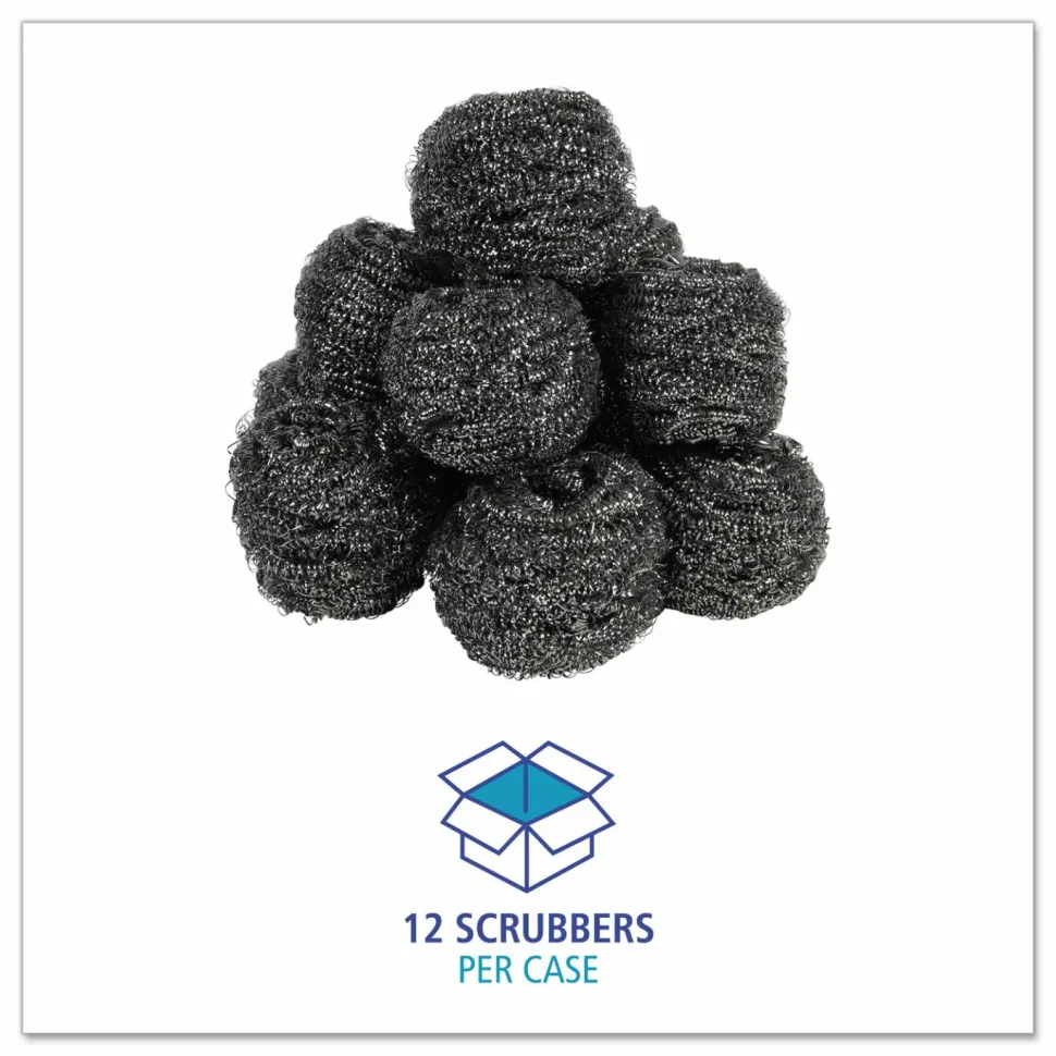 Boardwalk Stainless Steel Scrubber, Large Size, 2.5 x 2.75, Steel Gray, 12/Carton