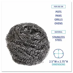 Boardwalk Stainless Steel Scrubber, Large Size, 2.5 x 2.75, Steel Gray, 12/Carton