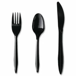 Boardwalk Three-Piece Polypropylene Cutlery Kit, Mediumweight, Fork/Knife/Spoon, Plastic, Black, 250/Carton
