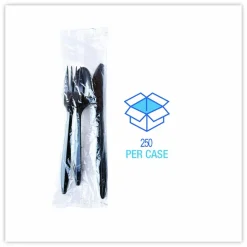 Boardwalk Three-Piece Polypropylene Cutlery Kit, Mediumweight, Fork/Knife/Spoon, Plastic, Black, 250/Carton