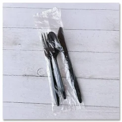 Boardwalk Three-Piece Polypropylene Cutlery Kit, Mediumweight, Fork/Knife/Spoon, Plastic, Black, 250/Carton