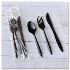 Boardwalk Three-Piece Polypropylene Cutlery Kit, Mediumweight, Fork/Knife/Spoon, Plastic, Black, 250/Carton