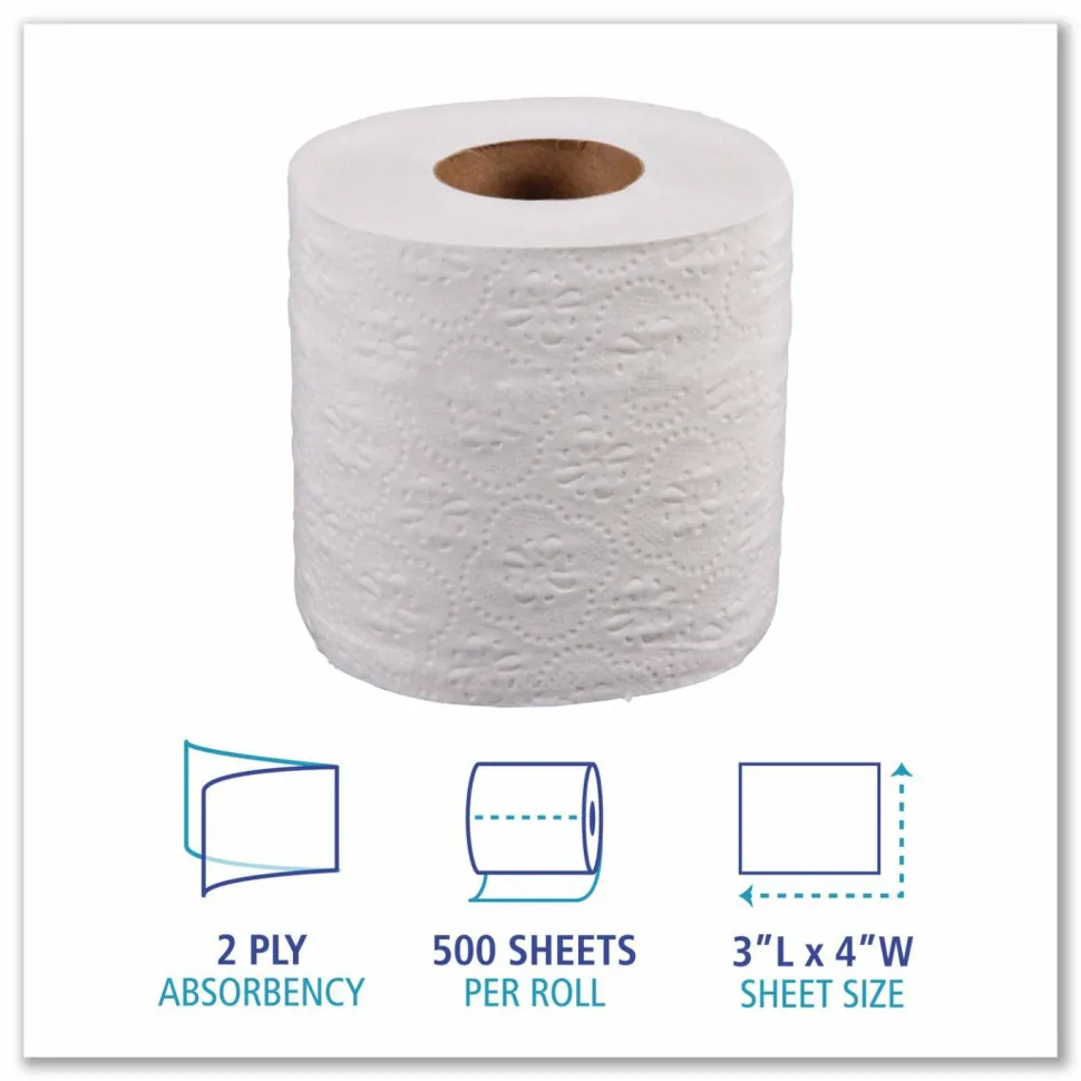 Boardwalk Two-Ply Toilet Tissue, Standard, Septic Safe, White, 4 x 3, 500 Sheets/Roll, 96 Rolls/Carton