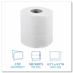 Boardwalk Two-Ply Toilet Tissue, Septic Safe, White, 4.5 x 4.5, 500 Sheets/Roll, 96 Rolls/Carton