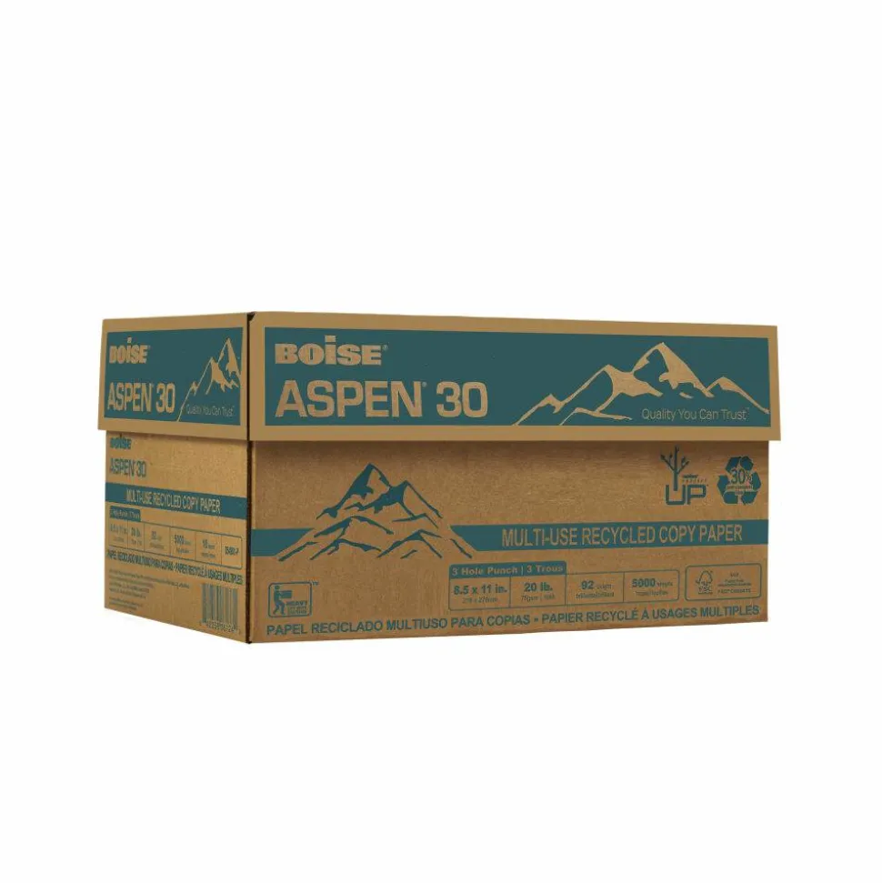 Boise ASPEN 30 3-Hole Punched Multi-Use Printer & Copy Paper, White, Letter (8.5" x 11"), 5000 Sheets Per Case, 20 Lb, 92 Brightness, 30% Recycled, FSC Certified