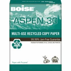 Boise ASPEN 30 3-Hole Punched Multi-Use Printer & Copy Paper, White, Letter (8.5" x 11"), 5000 Sheets Per Case, 20 Lb, 92 Brightness, 30% Recycled, FSC Certified
