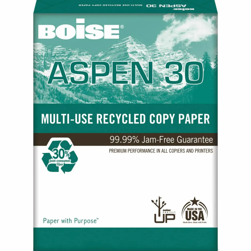 Boise ASPEN 30 3-Hole Punched Multi-Use Printer & Copy Paper, White, Letter (8.5" x 11"), 5000 Sheets Per Case, 20 Lb, 92 Brightness, 30% Recycled, FSC Certified