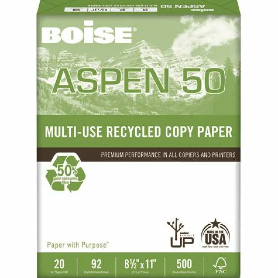 Boise ASPEN 50 Multi-Use Printer & Copy Paper, White, Letter (8.5" x 11"), 5000 Sheets Per Case, 20 Lb, 92 Brightness, 50% Recycled, FSC Certified