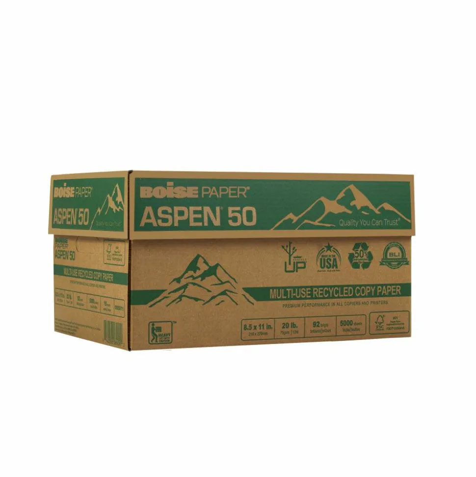 Boise ASPEN 50 Multi-Use Printer & Copy Paper, White, Letter (8.5" x 11"), 5000 Sheets Per Case, 20 Lb, 92 Brightness, 50% Recycled, FSC Certified