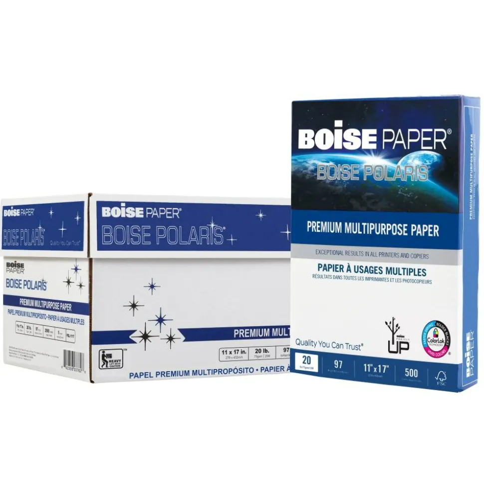 Boise POLARIS Premium Multi-Use Printer & Copy Paper, White, Ledger (11" x 17"), 2500 Sheets Per Case, 20 Lb, 97 Brightness
