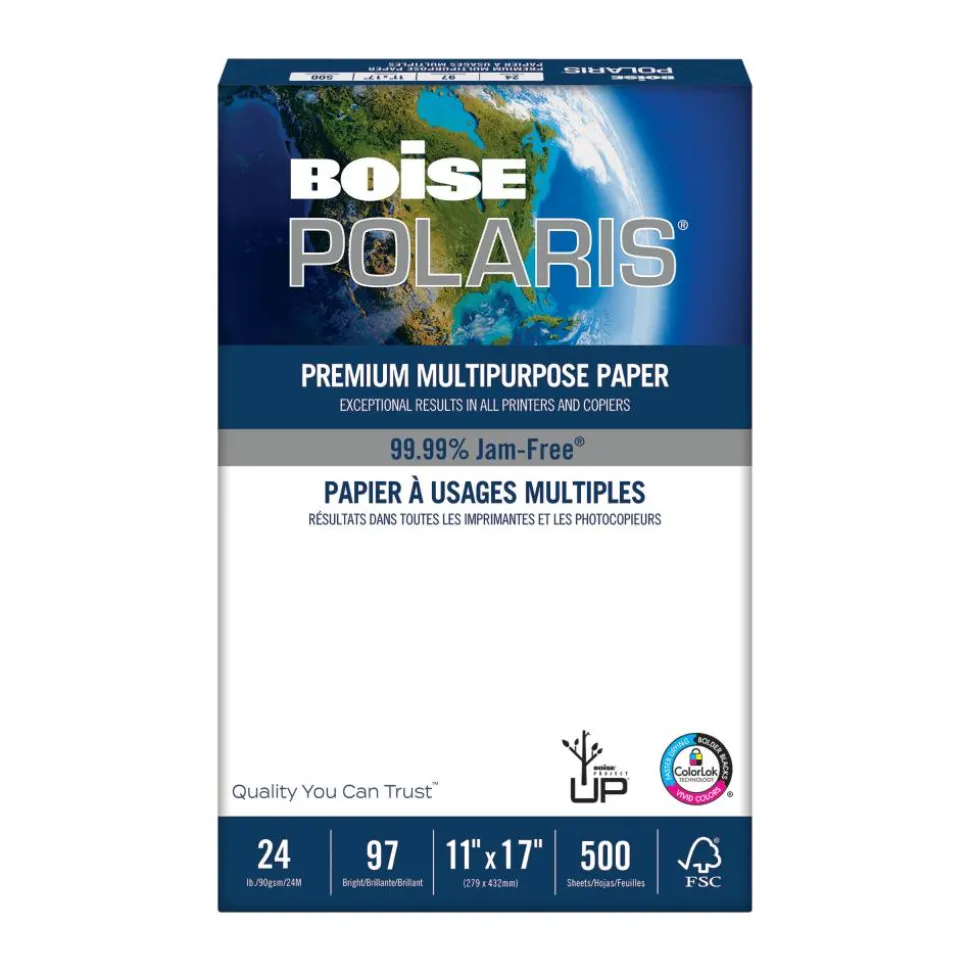 Boise POLARIS Premium Multi-Use Printer & Copy Paper, White, Ledger (11" x 17"), 500 Sheets Per Ream, 24 Lb, 92 Brightness, FSC Certified