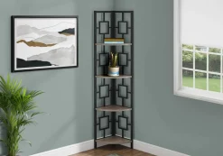 Bookshelf, Bookcase, Etagere, Corner, 4 Tier, 62"H, Office, Bedroom, Brown Laminate, Black Metal, Contemporary, Modern