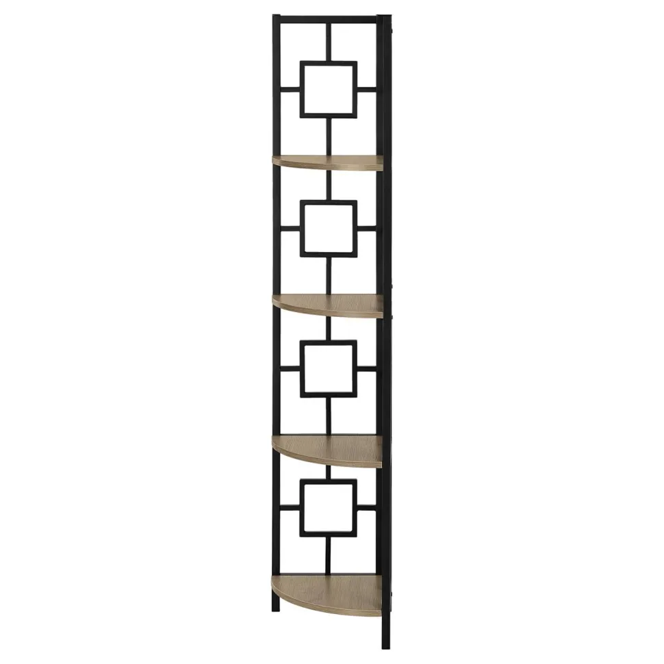 Bookshelf, Bookcase, Etagere, Corner, 4 Tier, 62"H, Office, Bedroom, Brown Laminate, Black Metal, Contemporary, Modern
