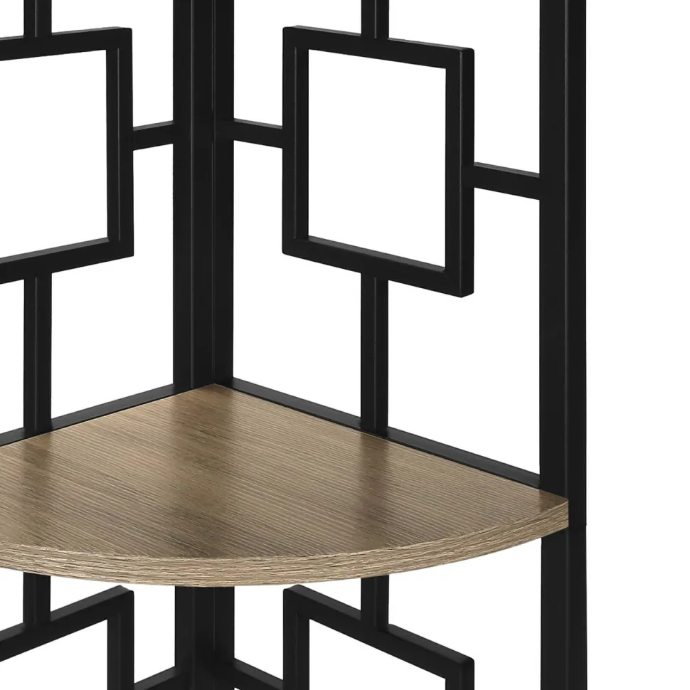 Bookshelf, Bookcase, Etagere, Corner, 4 Tier, 62"H, Office, Bedroom, Brown Laminate, Black Metal, Contemporary, Modern