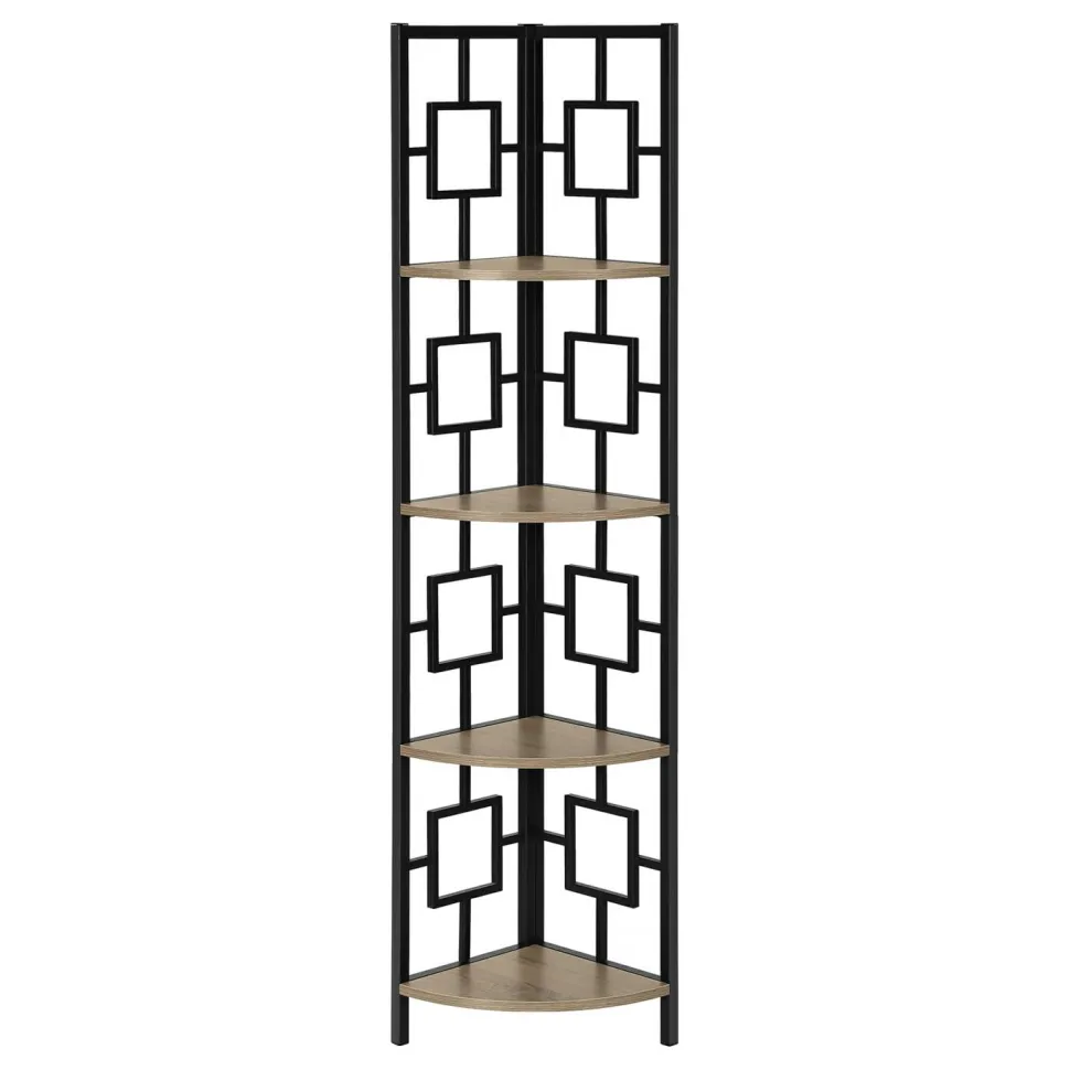 Bookshelf, Bookcase, Etagere, Corner, 4 Tier, 62"H, Office, Bedroom, Brown Laminate, Black Metal, Contemporary, Modern