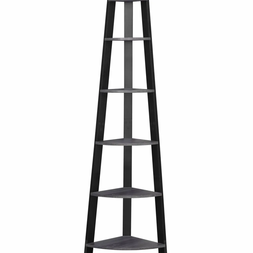 Bookshelf, Bookcase, Etagere, Corner, 5 Tier, 72"H, Office, Bedroom, Grey And Black Laminate, Contemporary, Modern