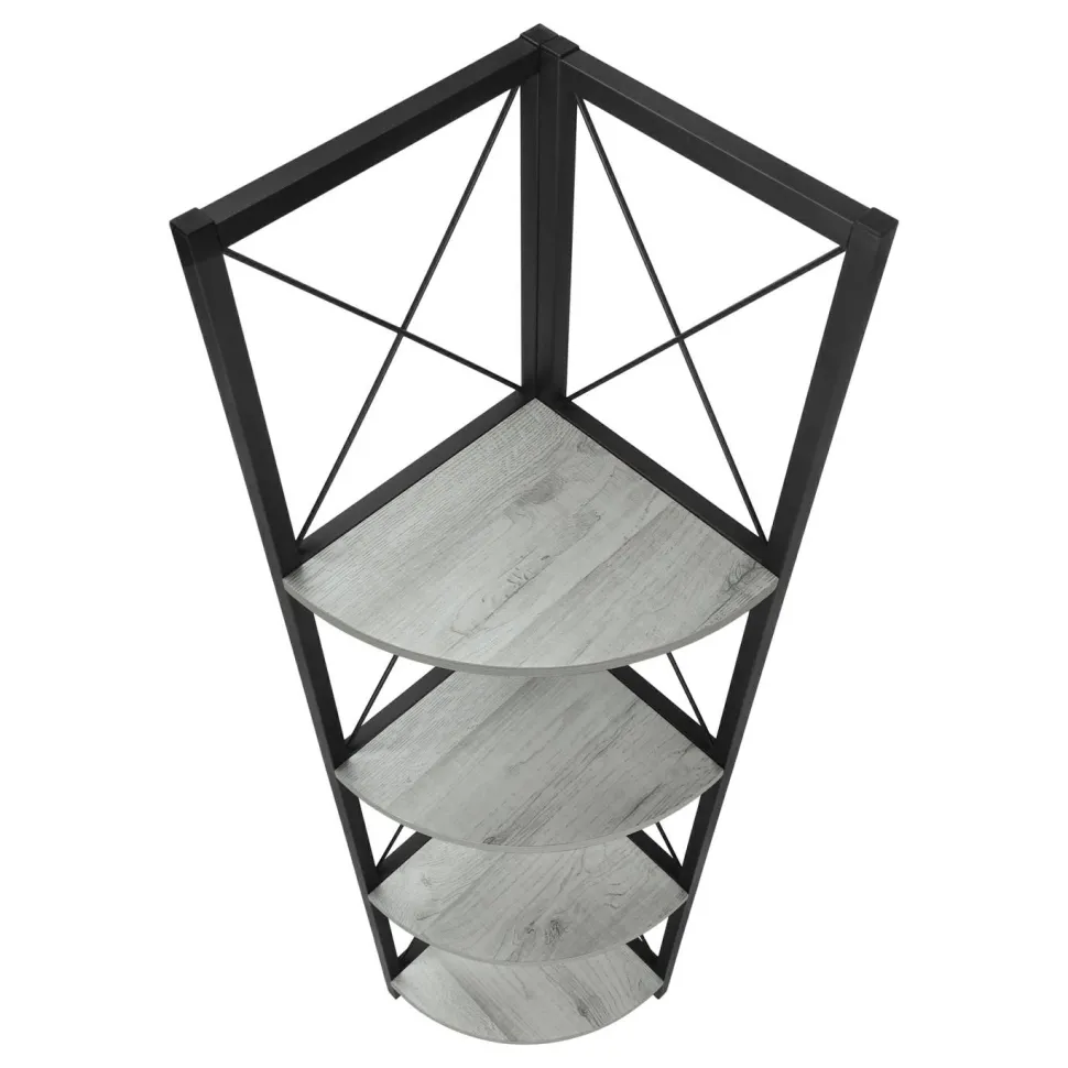 Bookshelf, Bookcase, Etagere, Corner, 4 Tier, 60"H, Office, Bedroom, Grey Laminate, Black Metal, Contemporary, Modern