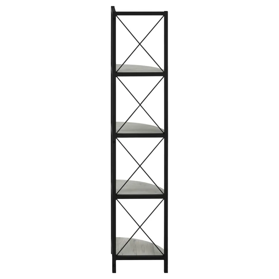 Bookshelf, Bookcase, Etagere, Corner, 4 Tier, 60"H, Office, Bedroom, Grey Laminate, Black Metal, Contemporary, Modern