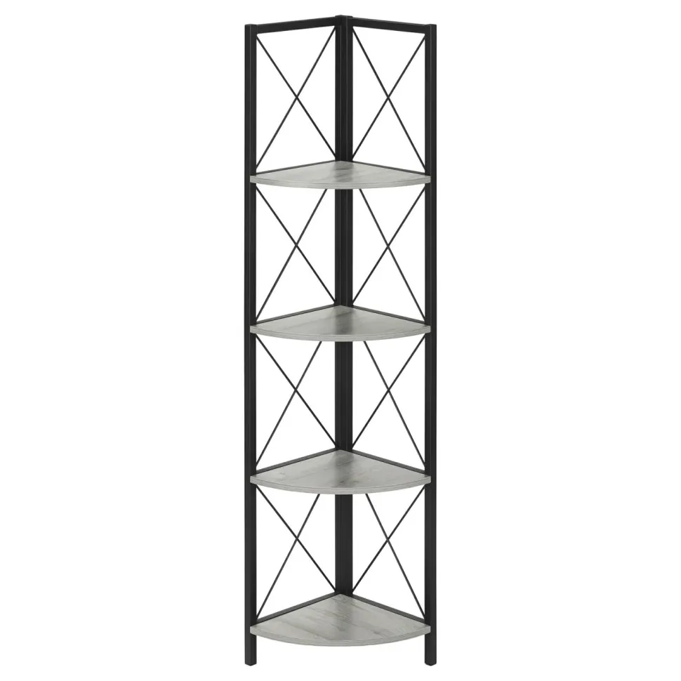 Bookshelf, Bookcase, Etagere, Corner, 4 Tier, 60"H, Office, Bedroom, Grey Laminate, Black Metal, Contemporary, Modern