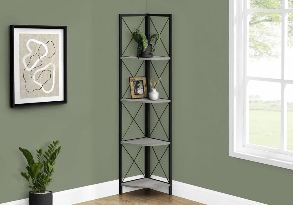 Bookshelf, Bookcase, Etagere, Corner, 4 Tier, 60"H, Office, Bedroom, Grey Laminate, Black Metal, Contemporary, Modern